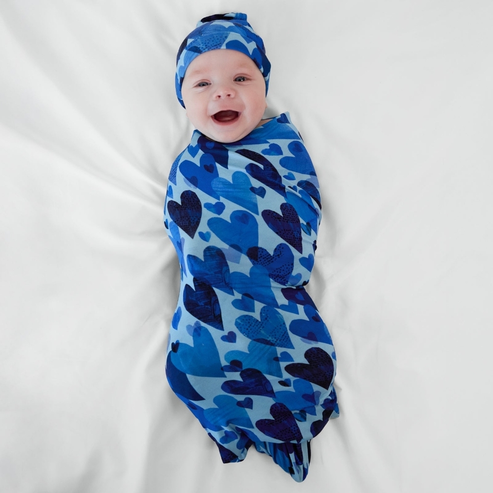 NIB Little Sleepies Blue Hearts & Crafts Swaddle & Hat Set